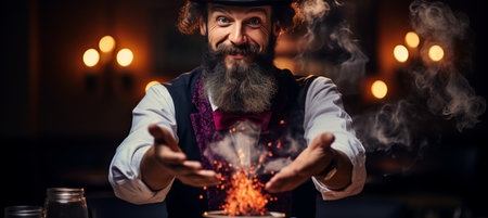 Magician performing tricks with colorful smoke and floating objects in blurred bokeh effectの素材