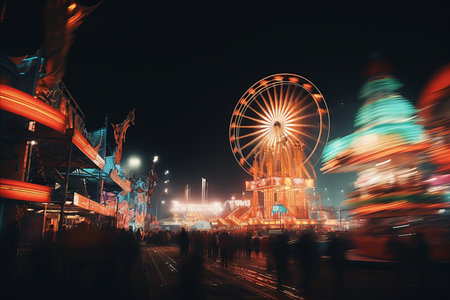 Bustling carnival night  blurred bokeh lights illuminate colorful rides, games, and food stallsの素材