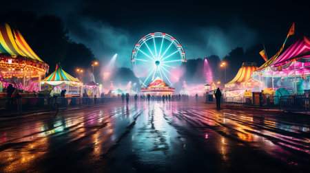 Bustling carnival night scene with colorful rides and food stalls illuminated against dark skyの素材