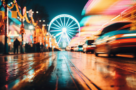 Vibrant carnival night scene with illuminated rides, games, and food stalls against dark skyの素材