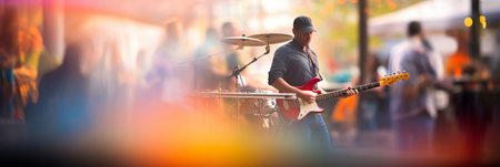 Blurred bokeh effect  colorful lights and crowded music festival with live band performance on stageの素材