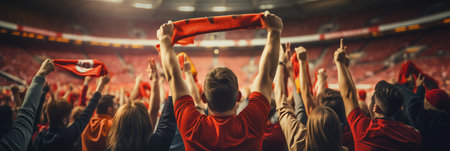 Blurred bokeh effect  vibrant sports stadium with cheering fans and blurred action in foregroundの素材