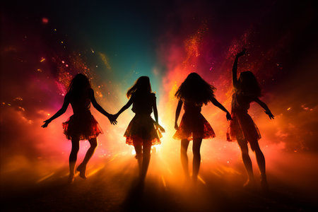 Vibrant stage lights, blurred bokeh, and captivating silhouettes in energetic entertainment backdropの素材