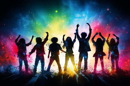 Energetic entertainment backdrop with blurred bokeh effect, vibrant stage lights, and silhouettesの素材