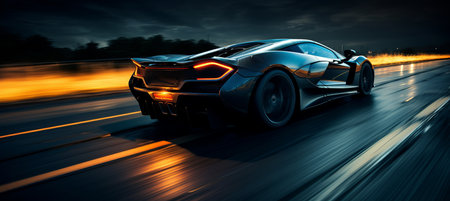 Blurred bokeh effect of sports car on illuminated nighttime highway with vibrant city lightsの素材