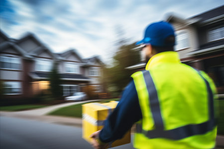 Delivery person carrying package in blurred bokeh background of residential neighborhoodの素材