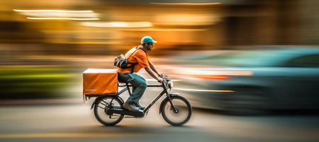 Delivery person carrying package in residential neighborhood with blurred bokeh backgroundの素材