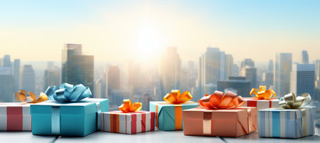 Colorful gift boxes with ribbons and bows against a blurred bokeh retail store window backgroundの素材