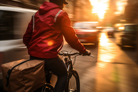 Blurred bokeh effect  delivery person with package in serene residential neighborhoodの素材