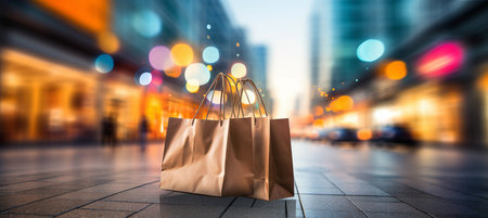 Vibrant shopping bags and icons overlay blurred bokeh effect for retail and e commerce background.の素材