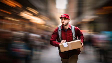 Delivery person carrying package with blurred bokeh background of residential neighborhoodの素材