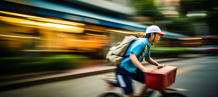 Delivery person carrying package in blurred bokeh background of residential neighborhoodの素材