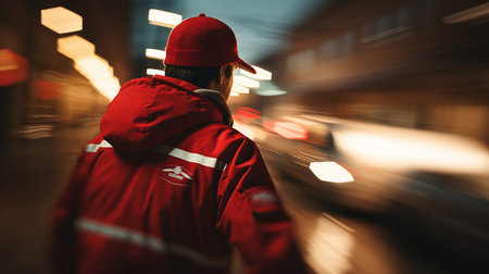 Delivery person carrying package in blurred bokeh background of residential neighborhoodの素材