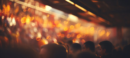 Blurred bokeh effect  brightly lit sports stadium with cheering fans and blurred actionの素材