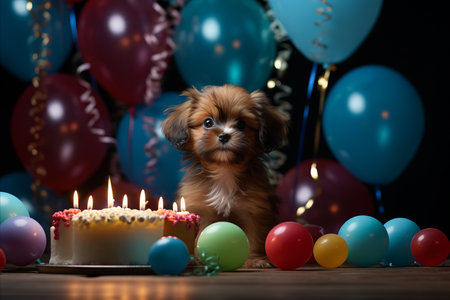Happy puppy with birthday cake and candles on blurred background, perfect for text placement.の素材