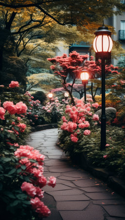 Enchanting chinese new year garden illuminated with lanterns of various shapes and sizesの素材