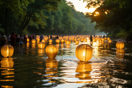 Vibrant chinese new year lantern floating on river, blending with serene natural beautyの素材