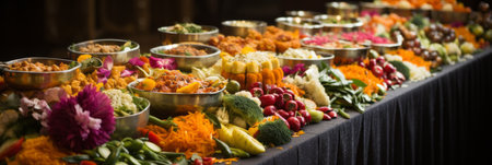 Vibrant wedding banquet table filled with exquisite traditional dishes celebrating love and unityの素材