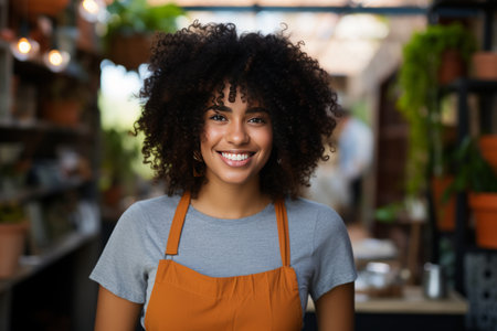 Cheerful woman shop worker in a busy supermarket, expertly assisting customers with fresh produce.の素材