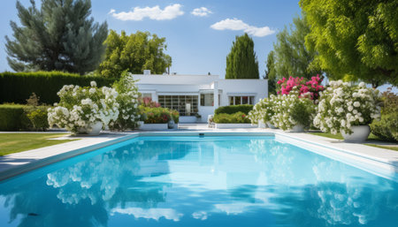 Elegant and spacious modern white house with pool surrounded by lush forest landscapeの素材