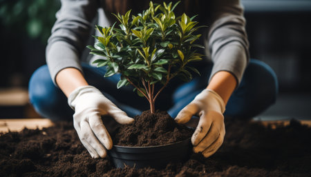 Passionate gardener planting tree in lush garden, caring for plants with love and water