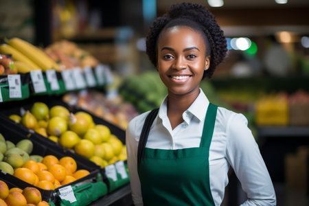 Smiling african woman shop worker in well stocked supermarket, specializing in fresh produceの素材