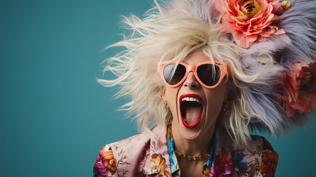 Slim woman in carnival mask screaming, isolated on pastel background with copy space, studio shotの素材