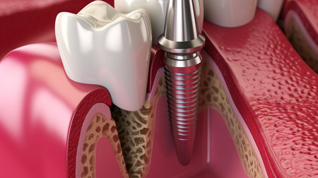 Detailed illustration showcasing precision dental implant fitting on model of human mouthの素材