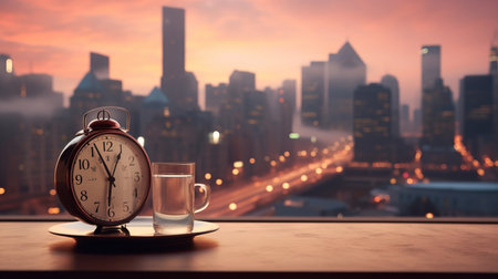 Serene morning with alarm clock and coffee cup on table, blurred background with copy spaceの素材