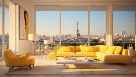 Vibrant and stylish contemporary living room interior with yellow tones and artwork on the wallの素材