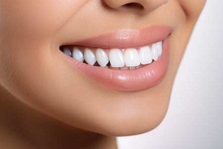 Radiant Smile. Close-up of Young Woman with Perfect White Teeth on White Backgroundの素材