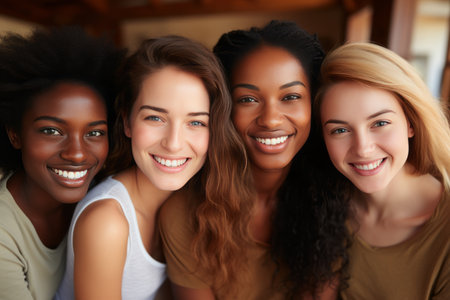Inclusive Connections. Multicultural girls proudly demonstrate unity, equality, and acceptance.の素材