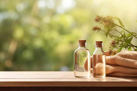 Organic skincare product display on wooden counter with soft sunlight and leaf shadowの素材