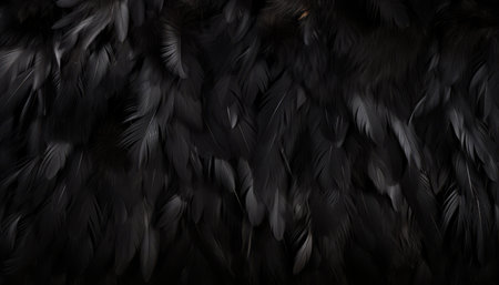 Detailed black feathers texture creating captivating digital art background with large bird feathersの素材