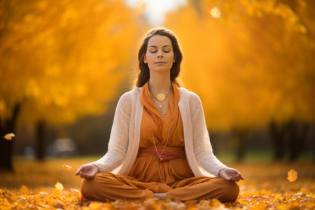 Young Woman Practicing Relaxation Yoga in a Park with Golden Autumn Trees and Orange Leavesの素材