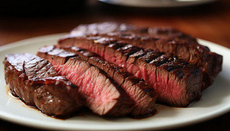 Perfectly cooked, juicy ribeye steak slices with mouthwatering tenderness and rich flavor.の素材