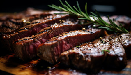 Succulent, juicy ribeye steak slices, showcasing mouthwatering tenderness and rich flavorの素材
