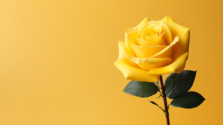 Yellow rose in full bloom on right side, isolated on yellow background with text spaceの素材