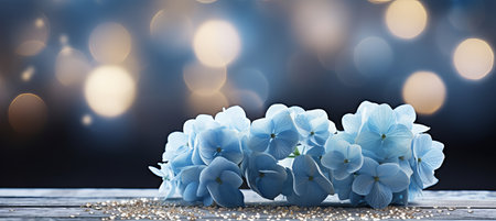 Blue hydrangea on isolated magical bokeh background with copy space for text placementの素材