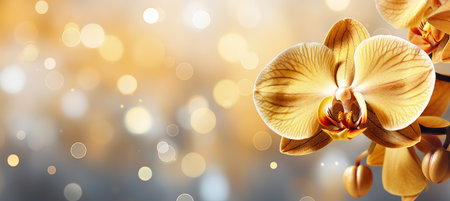 Yellow orchid on right side with isolated bokeh background, ample copy space for text on left.の素材