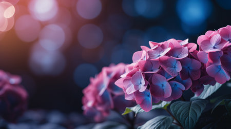 Pink hydrangea blossom on isolated magical bokeh background with copy space for text placementの素材