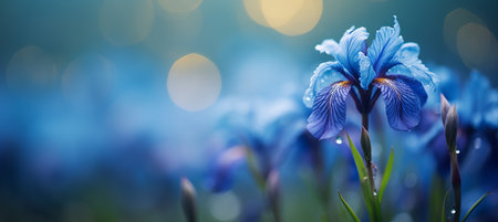 Blue iris flower on right side with magical bokeh background and two thirds text space on leftの素材