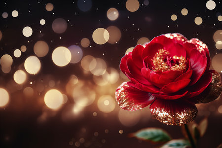 Graceful red peony on magical bokeh background with text placement for creative designの素材