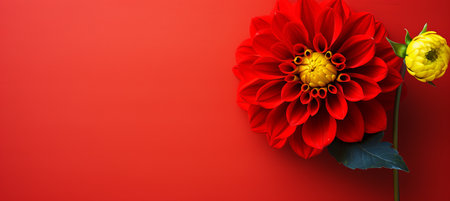 Vibrant red dahlia flower on yellow background with generous copy space for text placementの素材