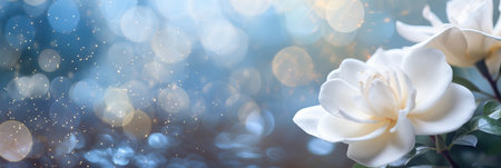 White gardenia flower on right side with magical bokeh background and text copy spaceの素材