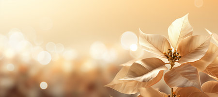 White poinsettia flower on isolated magical bokeh background with copy space for text placementの素材