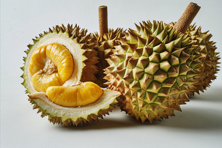 Isolated durian fruit on white background   high quality image for advertising campaignsの素材