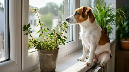 Small dog waiting by window, searching for ownerindoor pet with copy spacebright and sunny image.の素材