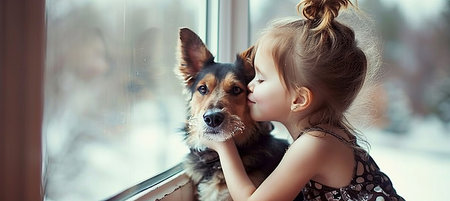 Girl kisses dog s nose by window, capturing love in a delightful moment with room for text.の素材