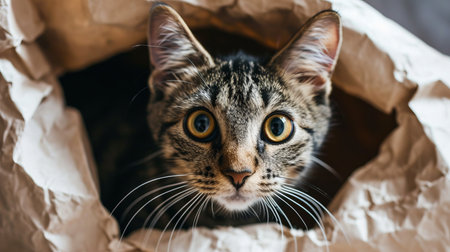 Playful and curious cat with bright eyes peeks out from a hole in a pristine white paper backgroundの素材